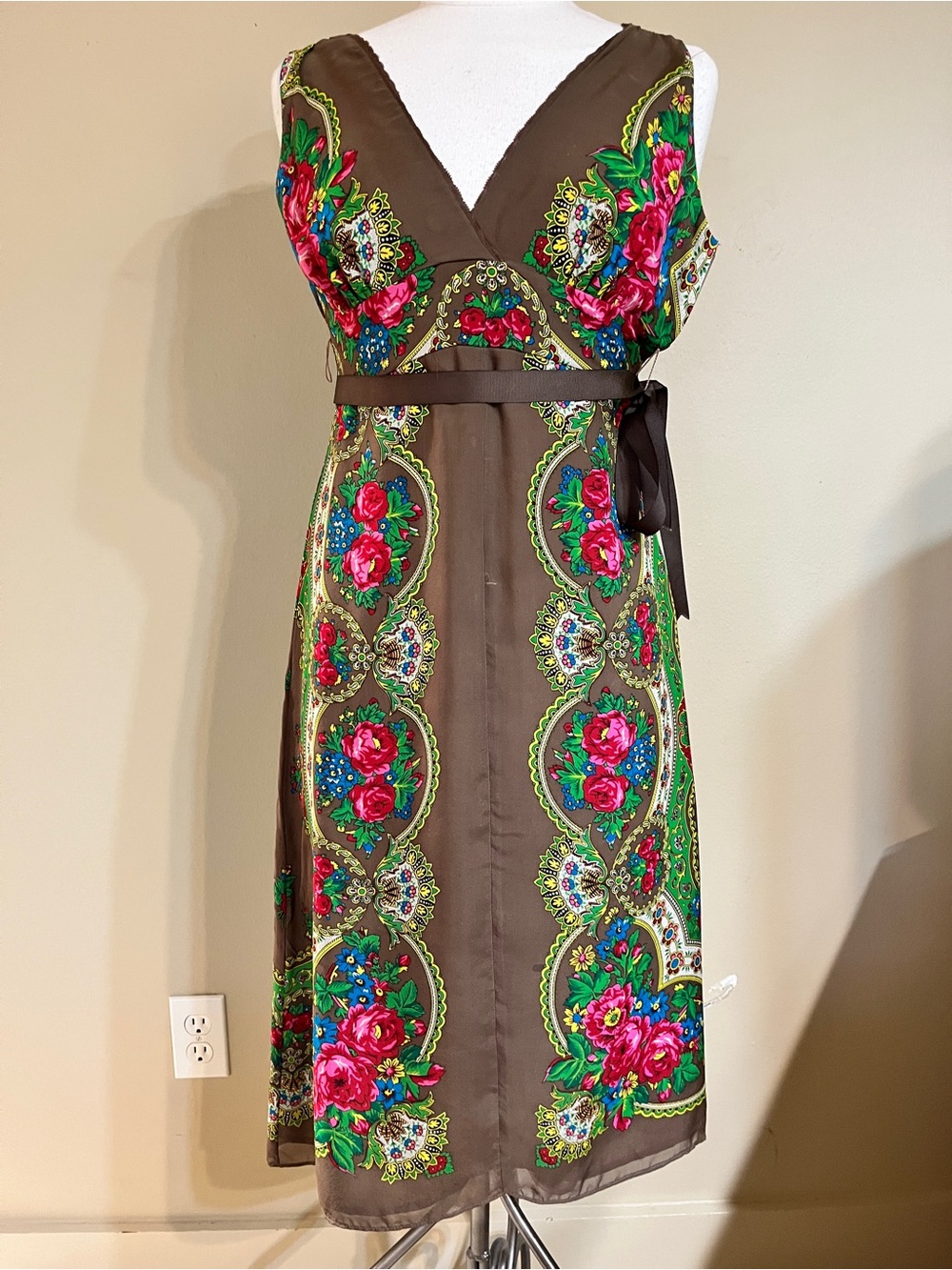 Wendy Hil Brown Midi Dress with Pink and Green Floral Print